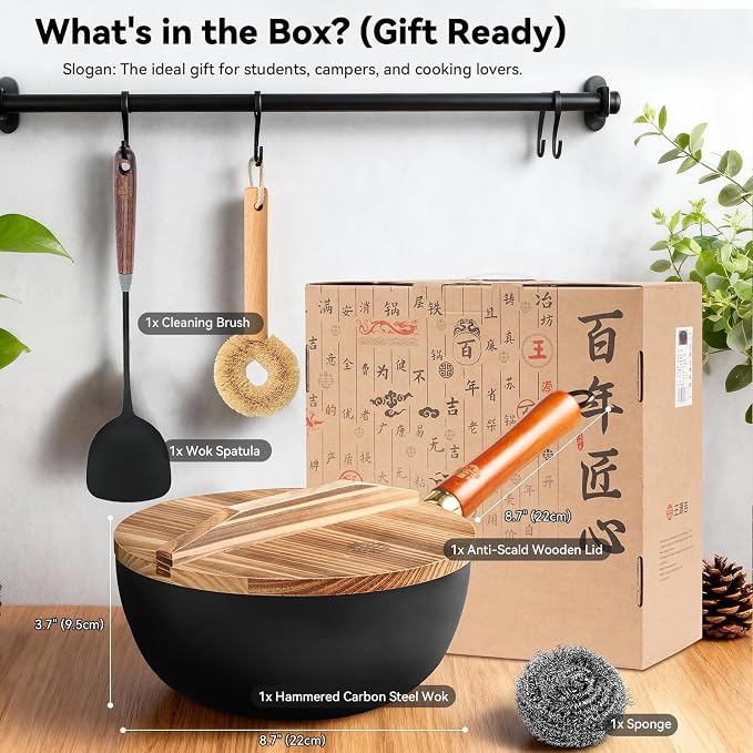 WANGYUANJI 8.7 Inch Carbon Steel Mini Wok with Wooden Lid, Flat Bottom Wok | Uncoated Stir Fry Pan with Detachable Handle for Ramen, 2.2 Qt Small Wok Pan for 1–2 People, Deep Frying, Gas & Induction