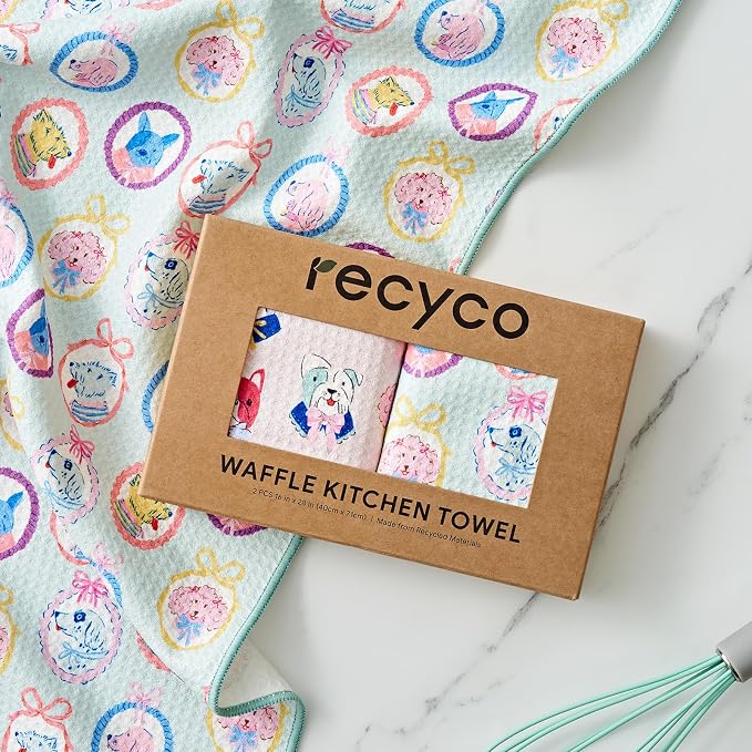 RECYCO Waffle Kitchen Towel Set of 2 - Quick Dry Microfiber Sustainable Dish Towels - Ultra Absorbent Reusable Cleaning Tea Towels - Lightweight Hand Towels,16”x 28”, Puppy Joy