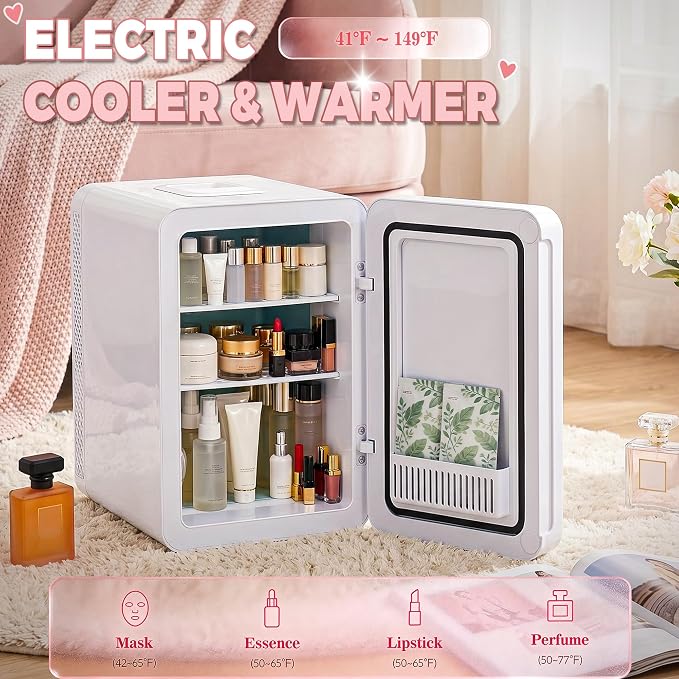 Kikihouse 16L/20L Skincare Fridge with LED Mirror, Small Fridge for Makeup | Portable Skin Care Fridge for Beauty, Cosmetics, Personal Mini Refrigerator for Food, Office, Dorm, Car, Cooler & Warmer