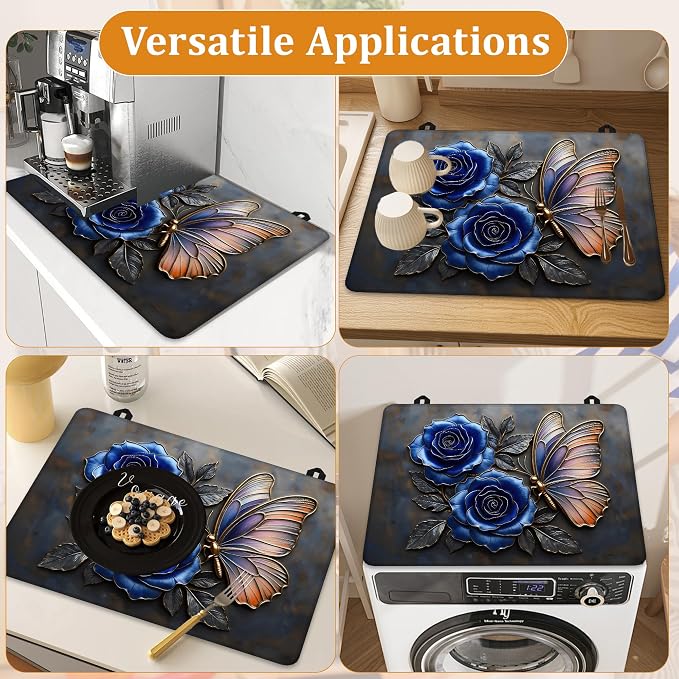 Stove Top Covers for Electric Stove,Blue Rose Flower Flat Top Stove Cover,Retro Butterfly Heat Resistant Glass Top Stove Cover Protector Anti-Slip Range Covers, 28 x 20 Inch