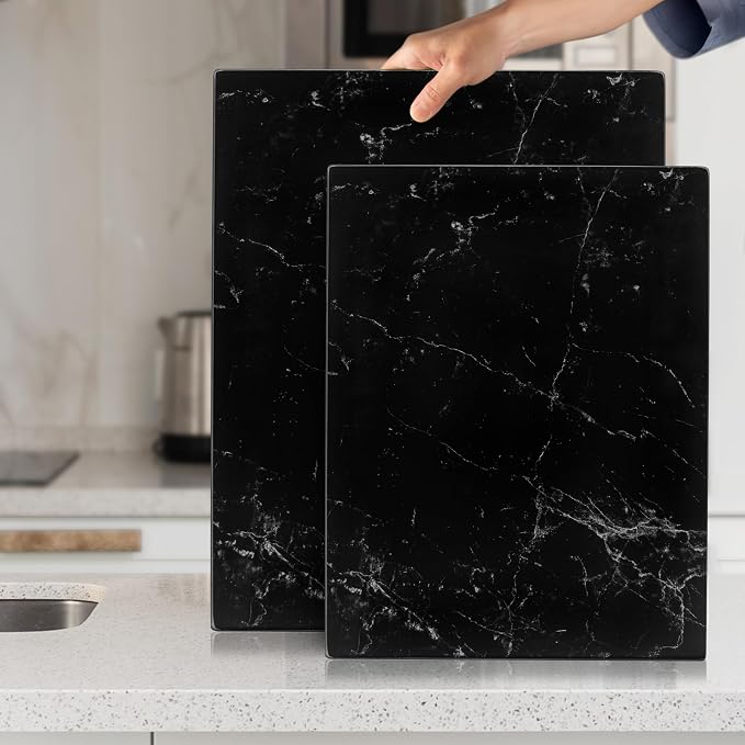 Glass Cutting Board 16"x12": Tempered Glass Kitchen Counter Protector - Durable- Scratch-Resistant, Heat-Proof - Design 1 - Black Marble Effect