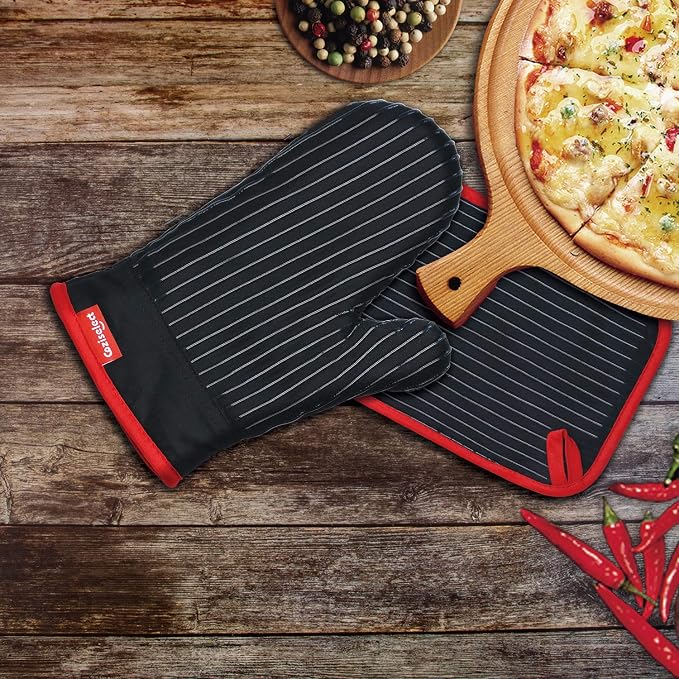 Oven Mitts and Pot Holders Set, Cooking Mitts, Heat Resistant Cooking Mitts and Pot Holders, Silicon Oven Gloves Set for Kitchen, Pure Cotton and Terrycloth Lining, Black, 4 Pcs Set