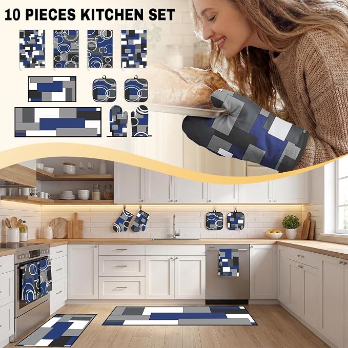 10 Pcs Kitchen Decor and Accessories Set, Navy Housewarming | Blue 4 Dish Towels Kitchen Rugs 2 Oven Mitts 2 Pot Holders, Home Decor for Cooking Baking BBQ Gifts Women Mom Housewarming