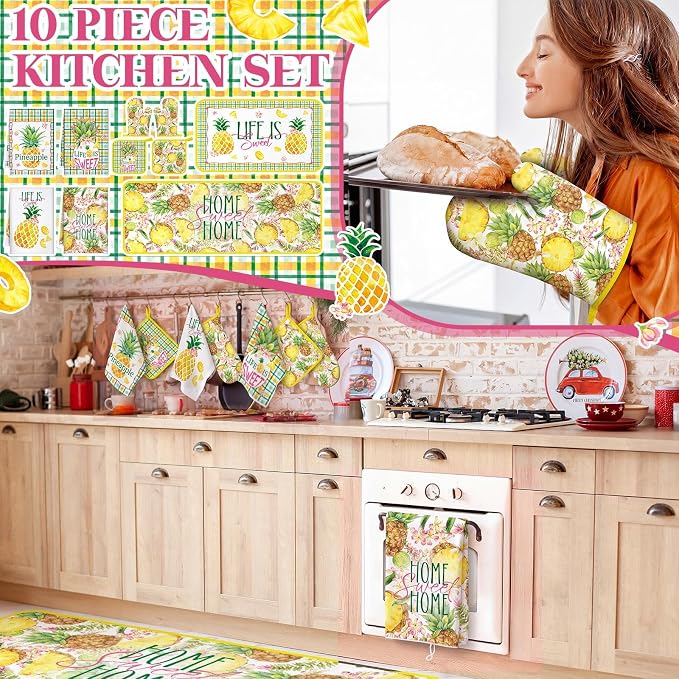 Fourluoo 10 Pcs Pineapple Kitchen Decor and Accessories Set Pineapple Kitchen Rugs and Towels Pot Holders Oven Mitts Set for Cooking Baking Mom Housewarming Gifts