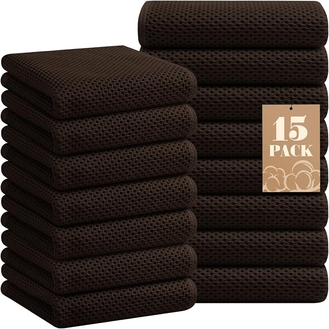 Homaxy 100% Cotton Waffle Weave Kitchen Towels, 15-Pack, Dark Brown | Ultra Soft Absorbent Dish Towels, Quick Drying Cleaning Towels, 13 x 28 Inches