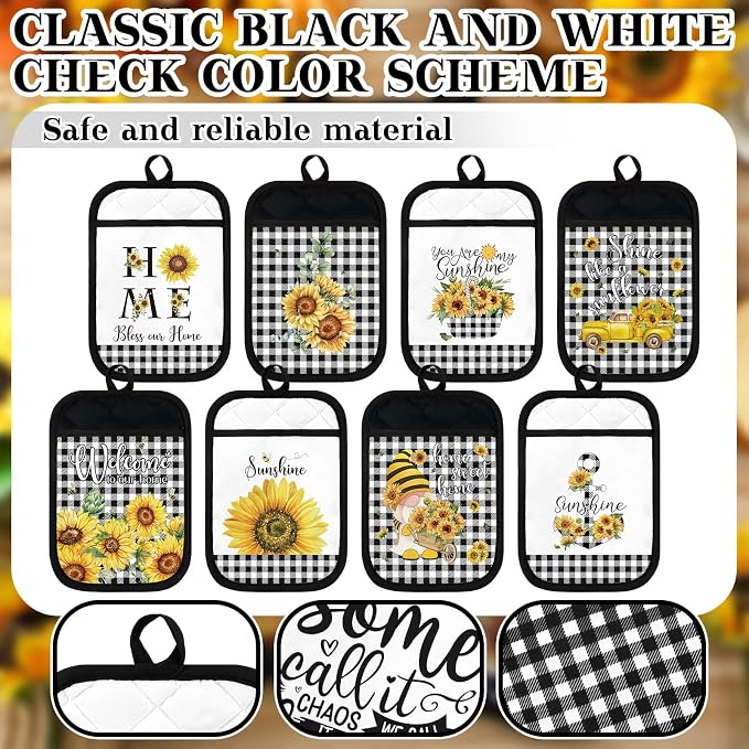 8 Pcs Sunflower Pot Holders with Pocket Buffalo Plaid Potholder Farmhouse Kitchen Heat Resistant Potholders Sunflower Hot Pad Oven Mitt Cookie Bag Oven Glove for Kitchen Decoration Baking Cooking Gift