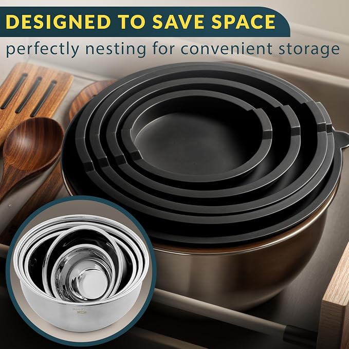 Stainless Steel Mixing Bowls with Lids Set of 5, 3 Graters, Black | Nesting Design with Airtight Covers & Non-Slip Base – Mirror Finish for Food Prep, Storage, Baking & Serving