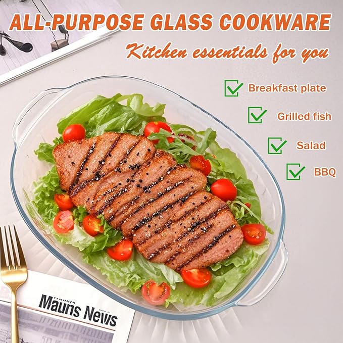 Reasim 2.8L/3Qt Glass Casserole Baking Dish with Lid, Large Oval Glass Casserole Dish with Lid,Mixing Bowl Food Container,Oven,Freezer&Microwave Safe,Clear Container