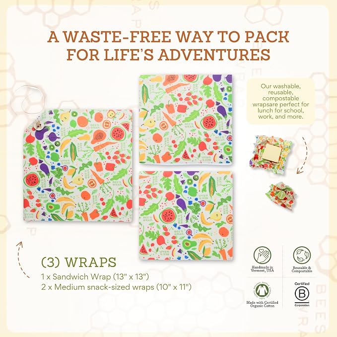 Bee's Wrap Beeswax Food Wraps, 2 Medium & Sandwich Pack - Garden Party | Organic Beeswax Wraps - Plastic Free - Reusable Food Storage - Lunches & Leftovers - Made in USA