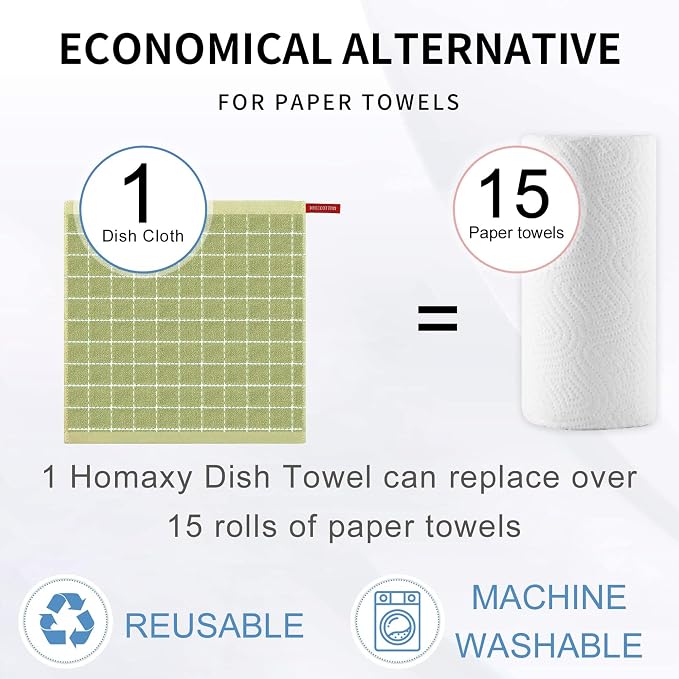 Homaxy 100% Cotton Terry Kitchen Dish Cloths, 12 Pack, Sage Green | Ultra Soft and Absorbent, Suitable for Drying and Washing Dishes