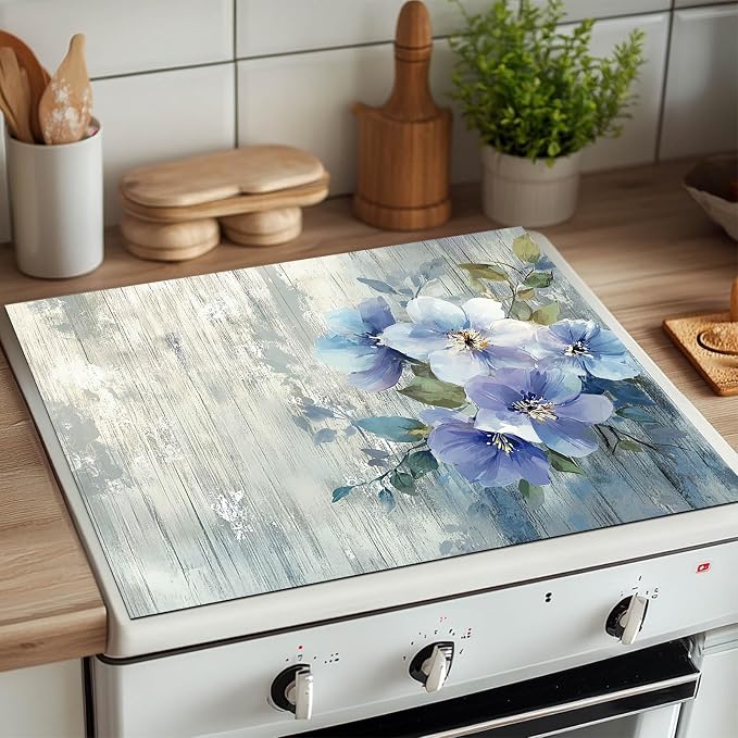 HOMETITUTE Blue Blossom Stove Top Cover 28x20 Elegant Floral Diatomite Mat