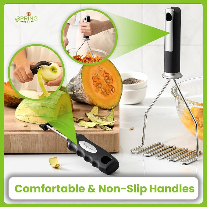 Spring Chef Stainless Steel Potato Masher & Durable Vegetable Peeler Set | Fruit & Food Smasher For Avocado, Banana, Eggs and Durable Potato Peeler with Sharp Blades & Soft Grip for Veggies & Fruits