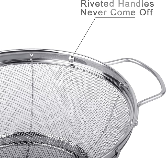 3 Pack 18/8 Stainless Steel Colander Sieves(5-Quart, 4-Quart and 3-Quart), Mesh Strainer Net Baskets with Handles & Resting Base for Strain, Drain, Rinse or Steam