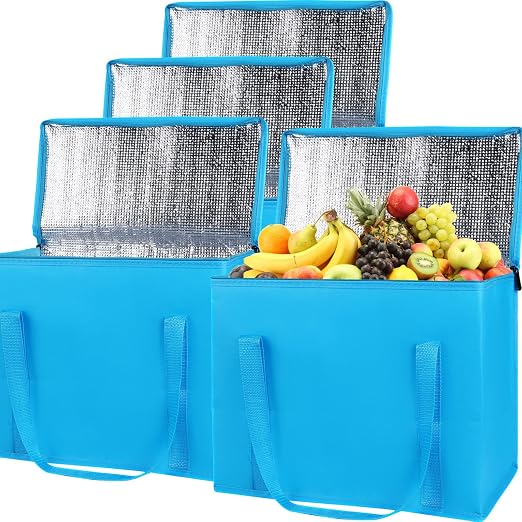Bodaon 4-Pack Insulated Reusable Grocery Shopping Bag, X-Large Cooler, Blue | Frozen Food Cold, Cooler Bag, Collapsible Tote Bags, Insulated Food Delivery Bag for /Rideshare/Picnic, Portable, Food Warmer