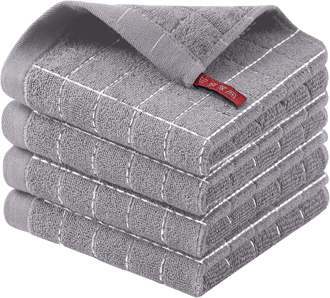 Homaxy 100% Cotton Terry Kitchen Dish Cloths, 4 Pack, Light Grey | Ultra Soft and Absorbent Dish Towels for Kitchen, Suitable for Drying and Washing Dishes
