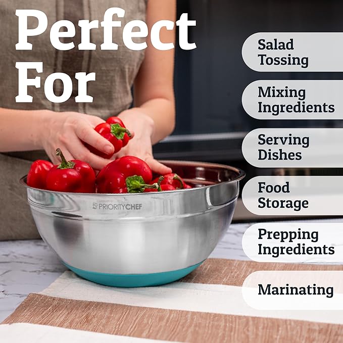 PriorityChef 6pc Stainless Steel Mixing Bowls with Lids Set, 7 Qt Turquoise | Non-Slip Nesting Bowls, 3 Graters and Interior Measurement Marks; For Meal Prep, Baking and Airtight Fridge Storage