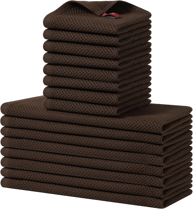 Homaxy 16 Pack 100% Cotton Kitchen Towels and Dishcloths Set, Dark Brown | 12 x 12 Inches and 13 x 28 Inches Kitchen Towels Set, Ultra Soft Absorbent Dish Cloths for Washing Dishes