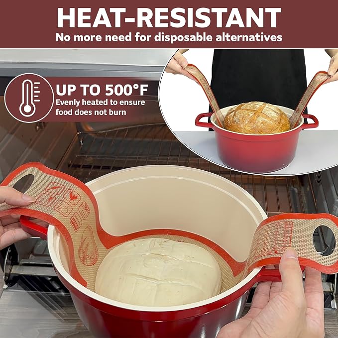 Silicone Bread Sling for Dutch Oven, 2 PCS Non-Stick Reusable Bread Baking Mats with Long Handles, Seamless Design Easy to Transfer Sourdough Sling Silicone Sourdough Sling Dough (Round/Oval Red)