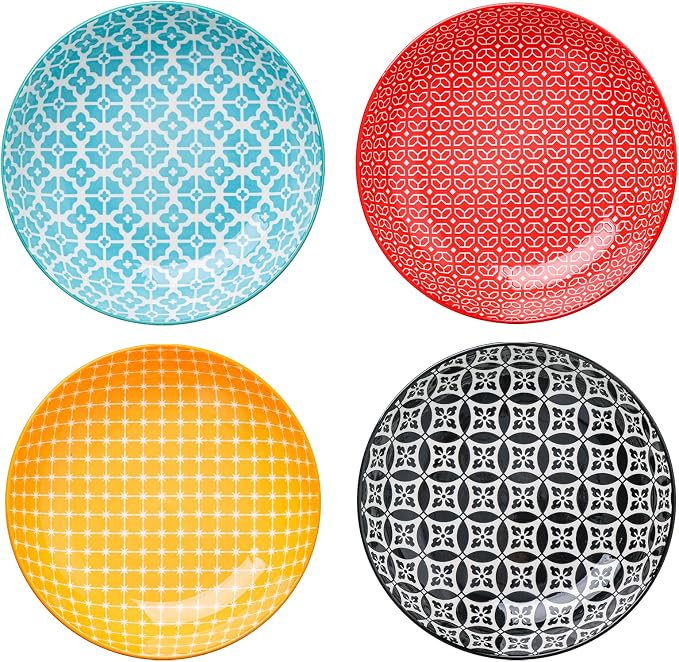 DOWAN 8.5" Vibrant Pasta, Salad & Soup Serving Bowls Set of 4, Embossed Large Porcelain Ceramic, Microwave, Oven & Dishwasher Safe, Bonita Design Perfect for Daily Dining, Family Gatherings, Party