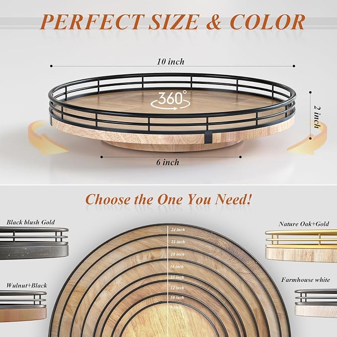 AMH 10-Inch Farmhouse Oak Lazy Susan Organizer for Cabinet | Smooth rotating oak tray with walnut finish for dining tables, kitchen counters, pantries and cabinet storage.