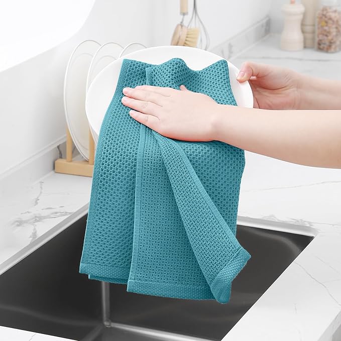 Homaxy 100% Cotton Waffle Weave Kitchen Towels, 10-Pack, Lake Blue | Ultra Soft Absorbent Dish Towels, Quick Drying Cleaning Towels, 13 x 28 Inches