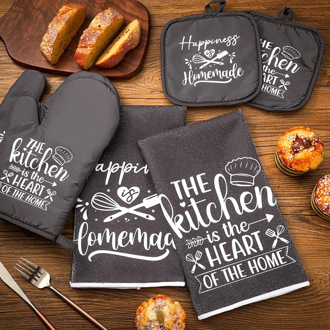 Sratte 6 Pcs Kitchen Decor Accessories Set, Kitchen, Dark Gray | Farmhouse Kitchen Towels Pot Holders Oven Mitts Set 2 Dish Towels 2 Potholders 2 Cooking Mittens for Baking Cooking Supply
