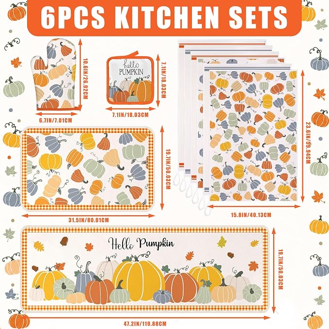Fanfanwin 12 Pcs Fall Kitchen Decor and Accessories Set 6 Kitchen Towels 2 Pot Holders and Oven Mitts 2 Rugs Thanksgiving Towels for Baking Cooking BBQ Autumn Housewarming Gifts