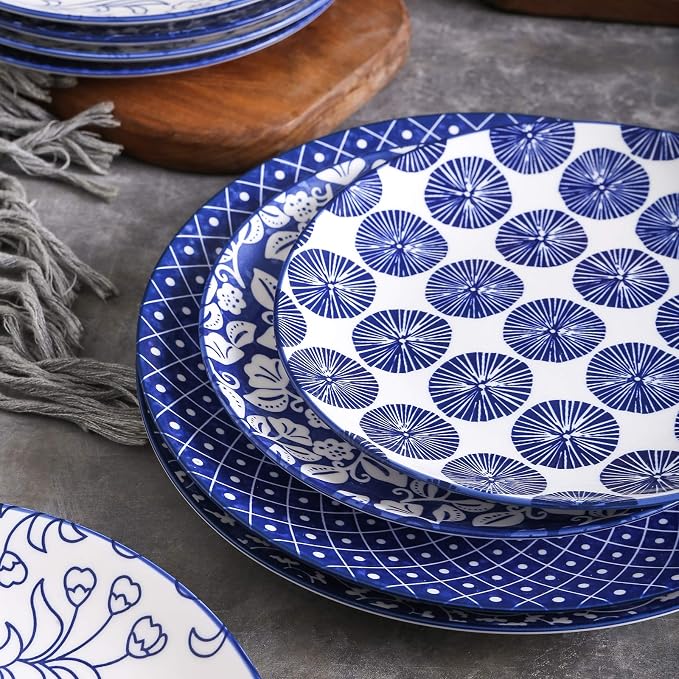 Selamica 10 inch Porcelain Dinner Plates, Large Size Ceramic Plates for Salad, Pancakes, Scratch Resistant, Microwave, Oven and Dishwasher Safe Plates Set of 6, Vintage Blue
