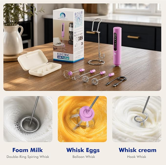 Rechargeable Milk Frother with Stand, 4 Interchangeable Whisks & Travel Case – Handheld Mixer for Lattes, Matcha, Hot Chocolate, Eggs & Protein Shakes
