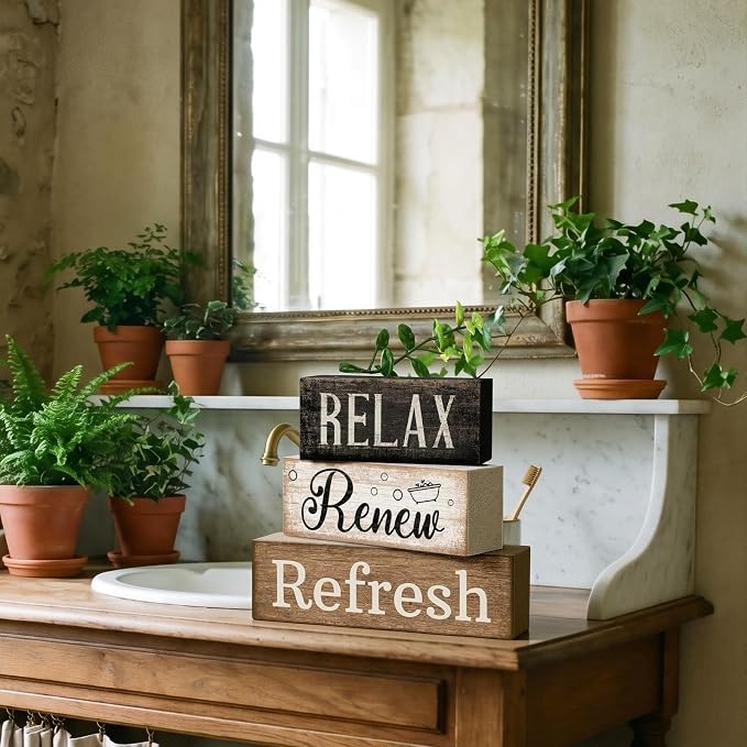 Lineshading 4 Pcs Wooden Farmhouse Block Signs Relax Renew Refresh | Rustic Tiered Tray Decor for Bathroom Shelf, Living Room, Farmhouse Home Decorations, Distressed Wood Finish with Greenery