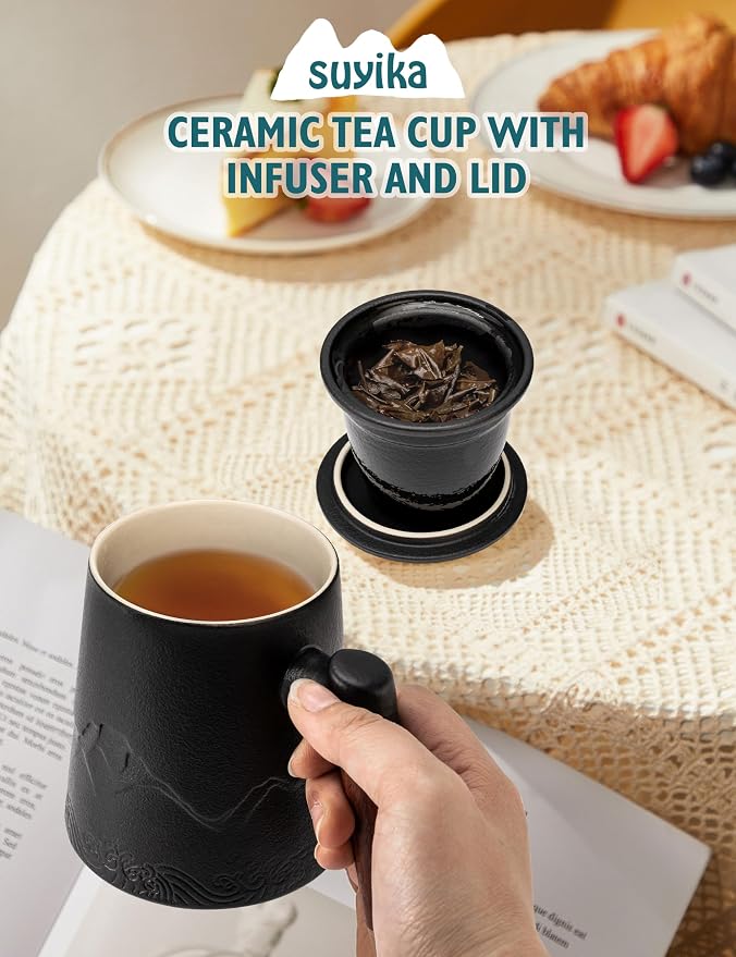 suyika Tea Cup with Infuser and Lid, Gradient Black & Blue, 15.2oz /450ml | Ceramic Mug, Wood Handle, For Loose Leaf Tea