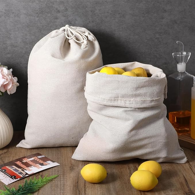 10 Pack 11.9x15.8 Inch Cotton Storage Bags with Drawstrings, Canvas Fabric Sacks, Reusable Multipurpose Muslin Bags for Bread, Produce, Shoes, and More
