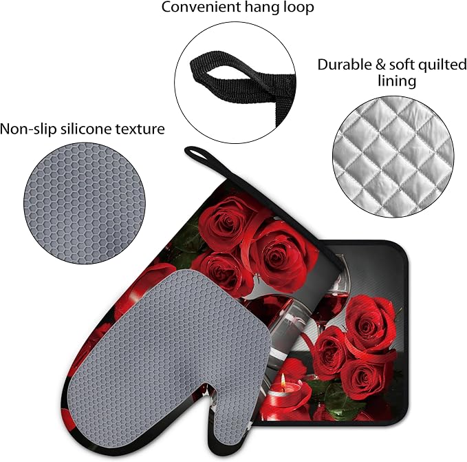 Red Wine Rose Candle Oven Mitts and Pot Holders Sets of 4 Silicone Oven Mitts Gloves Heat Resistant Non-Slip Grip Kitchen Mittens Potholders for Cooking Baking Grilling BBQ (Red)