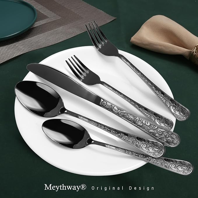 Meythway 60-Piece Vintage Carved Black Silverware Set for 12, Stainless Steel Flatware Set with Knife/Fork/Spoon, Cutlery Set for Home and Kitchen, Utensil Set with Dishwasher Safe