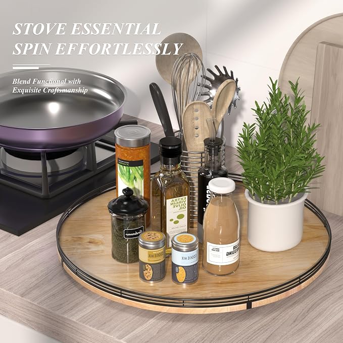 AMH 24-Inch Extra Large Farmhouse Oak Lazy Susan Organizer | Smooth rotating oak tray with walnut finish for dining tables, kitchen counters, pantries and cabinet storage.