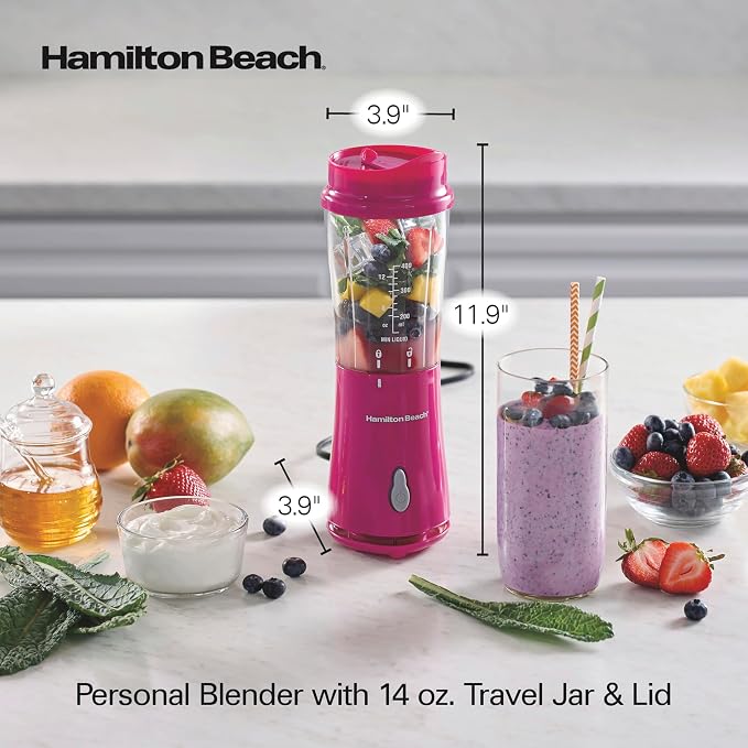 Hamilton Beach Portable Blender for Smoothies With 14 oz. Travel Jar | BPA Free Jar & Lid | Durable Stainless Steel Blades | 300 Watts Peak Power | Personal Smoothie Blender | Raspberry | 51131G