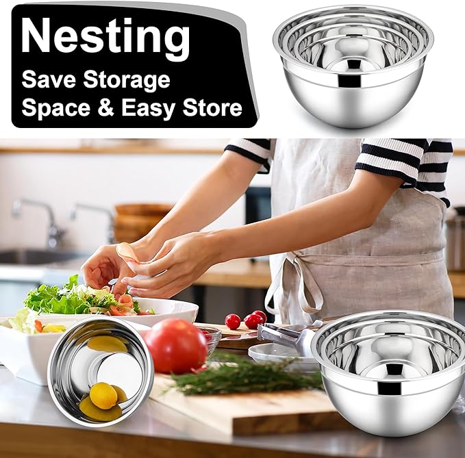 E-far Mixing Bowls with Lids Set, 6-Piece Stainless Steel Salad Bowls | Metal Nesting Cooking Bowls with Airtight Lid for Kitchen Storage, Baking & Prepping, Dishwasher Safe, 1.5/3/4.5 QT