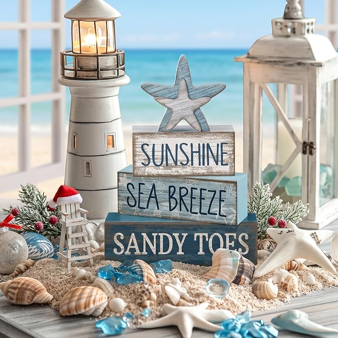 Lineshading 4 Pcs Wooden Starfish Summer Coastal Table Block Signs | Stackable Tiered Tray Decor, Beach Home Accents with Distressed Wood Finish, Nautical Starfish Topper for Coastal Shelves