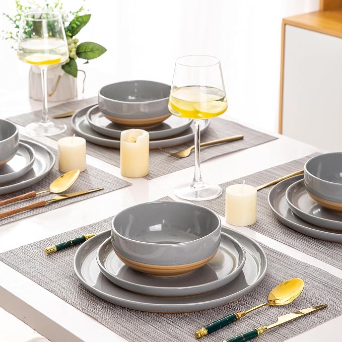 AmorArc Dinnerware Sets for 4, 12 Pieces Ceramic Plates and Bowls Set | Scratch Resistant Stoneware Dishes Set, Dishwasher & Microwave Safe,Gray