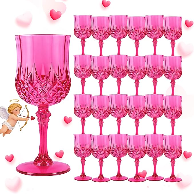 24Pack Plastic Wine Glasses, 7oz Vintage Goblets for Wedding | Unbreakable Crystal Style Reusable Stemware, Elegant Hot Pink Drinking Glass for Party Anniversary & Holiday Celebration