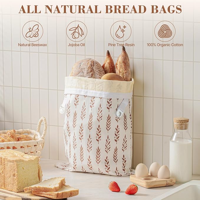 Sourdough Bread Bags, Bread Bags for Homemade Bread, 2 Pack Beeswax Bread Bag, Natural Cotton Sourdough Bags