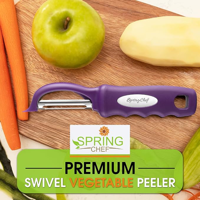 Spring Chef Swivel Vegetable Peeler w/Ergonomic Handle, Set of 2, Purple | Premium Potato Peeler w/ Ultra Sharp Stainless Steel Blades, Multifunctional Veggie Peeler for Apple, Carrot, Cucumber, Fruit