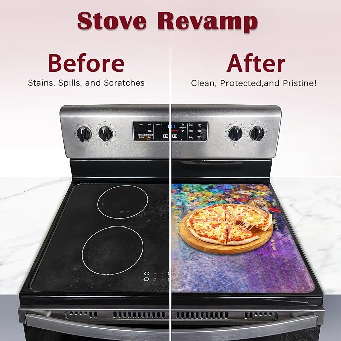 Stove Top Cover for Electric, Colorful Flowers Watercolor Plants Glass Ceramic Stove Cover,Heat Resistant Flat Stovetop Protector, Dish Drying Mats for Kitchen