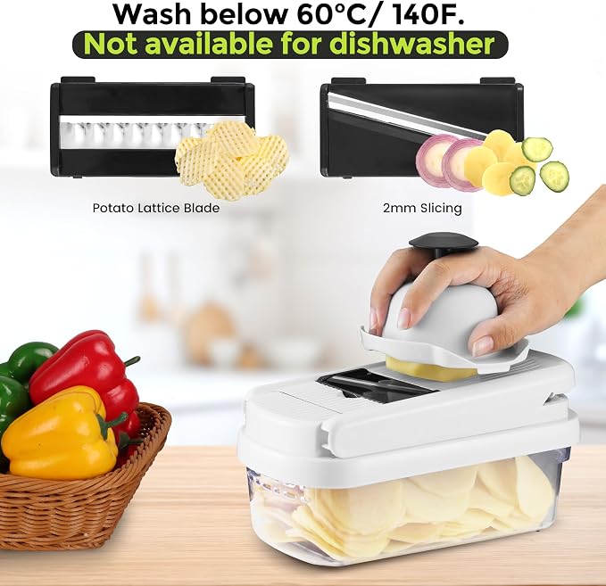 Yusshn Vegetable Chopper, 12-in-1 Food Veggie Chopper Cutter with Container | 7 Sharp Blades Dice, Slice, Shred and Grate for Salads, Onions and Meal Prep, with a Non-Slip Base and Drain Basket