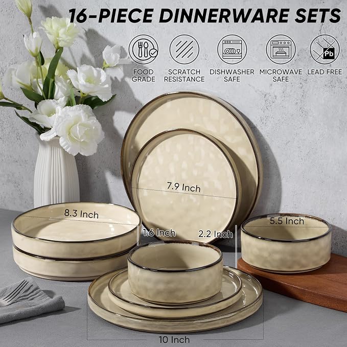 E-far Stoneware Dinnerware Set, 16-Piece Plates and Bowls Sets for 4 | Modern Dishes for Kitchen Dining, Reactive Glazing Ripple Design, Chip Resistant, Microwave & Dishwasher Safe, Sandy Khaki