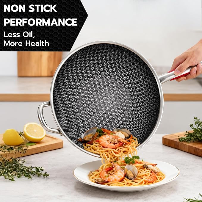 ] 14-Inch Stainless Steel Wok Pan with Glass Lid - Tri-Ply Nonstick Wok & Stir-Fry Pan, PFOA Free Uncoated Cookware for All Cooktops, Induction Compatible, Flat Bottom