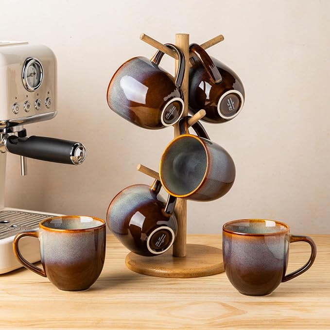 theterra Ceramic Coffee Mugs Set of 6, 12 oz Coffee Cups with Handle | Handmade, Suitable for Latte, Tea, Milk, Beer & Hot Cocoa, Dusk Blue