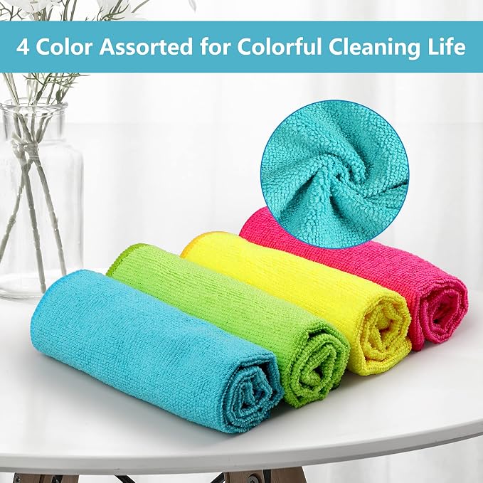HOMEXCEL 24PK Microfiber Cleaning Cloth, Cleaning Rag for Home, 11.5x11.5in | Reusable, Lint Free, Scratch-Free and Highly Absorbent Towels for Kitchen, Window and Glass, Cars (Green/Blue/Yellow/Pink)