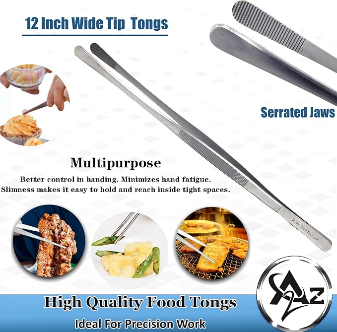 Professional Culinary Stainless Steel Precision Tongs With Serrated Tips - Plating/Food Presentation Detailing Serving - Chef's Kitchen Tweezer - Ultra Non-Slip Grip (12" Wide Jaws)