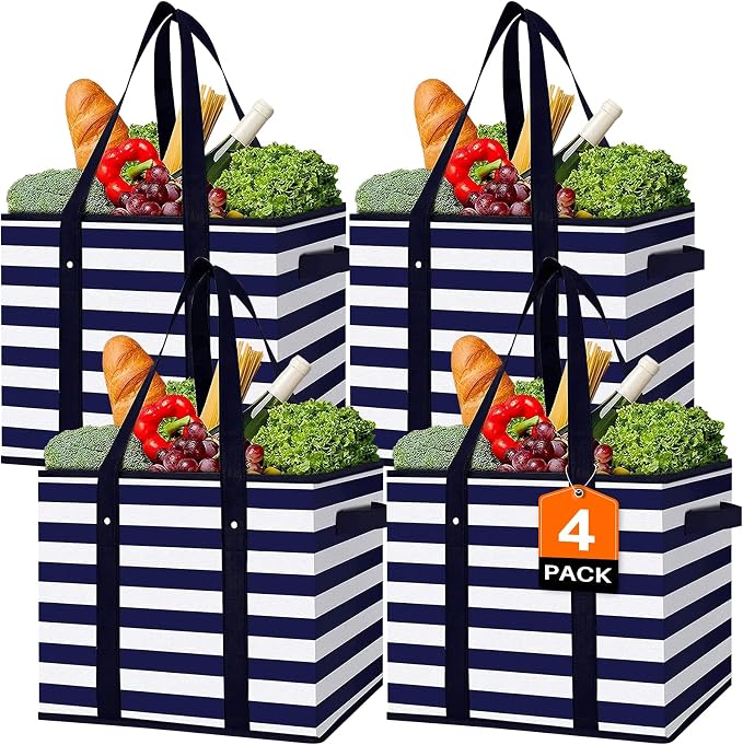 Reusable Grocery Bags 4 Pack, Foldable & Water Resistant Shopping Bags | Large Grocery Tote Bag Water Resistant Shopping Bags Foldable Grocery Bag for Clothes,Shoes and Picnic